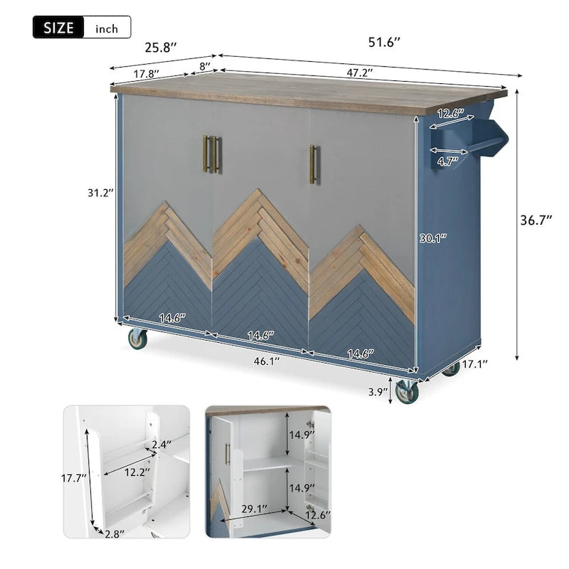 Îlot de cuisine gris de style campagnard avec abattant et meuble de rangement à trois portes sur roulettes