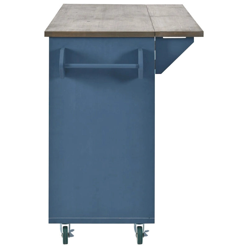 Îlot de cuisine gris de style campagnard avec abattant et meuble de rangement à trois portes sur roulettes