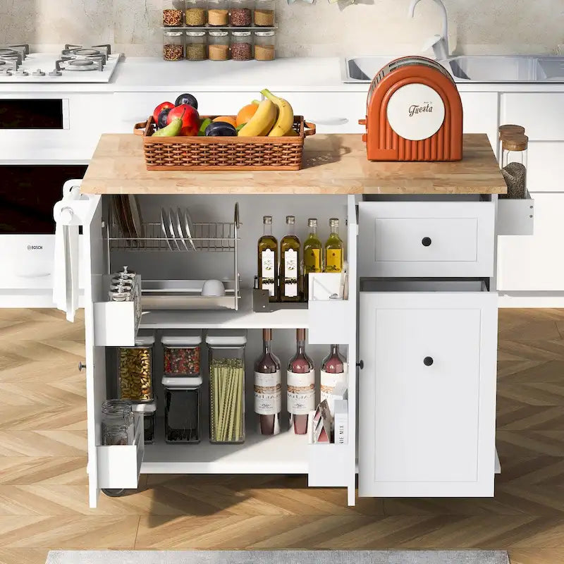 Desserte de cuisine roulante avec abattant, organisateur coulissant, porte-épices, bois naturel blanc