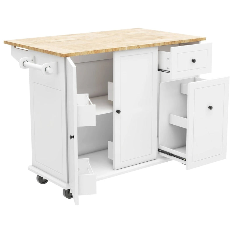 Desserte de cuisine roulante avec abattant, organisateur coulissant, porte-épices, bois naturel blanc