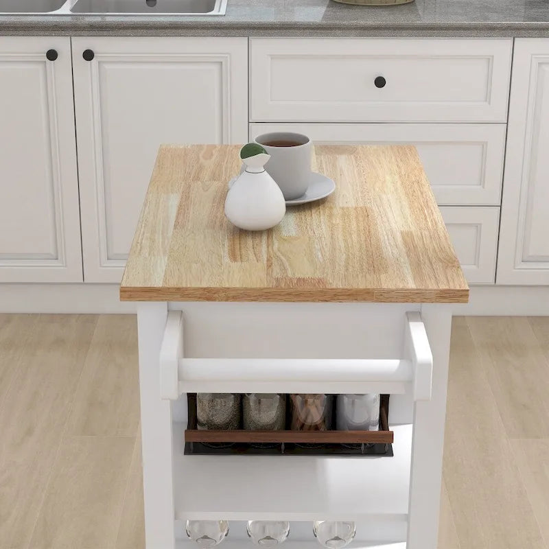 Desserte de cuisine blanche roulante avec tiroir à plateau en bois et étagères ouvertes