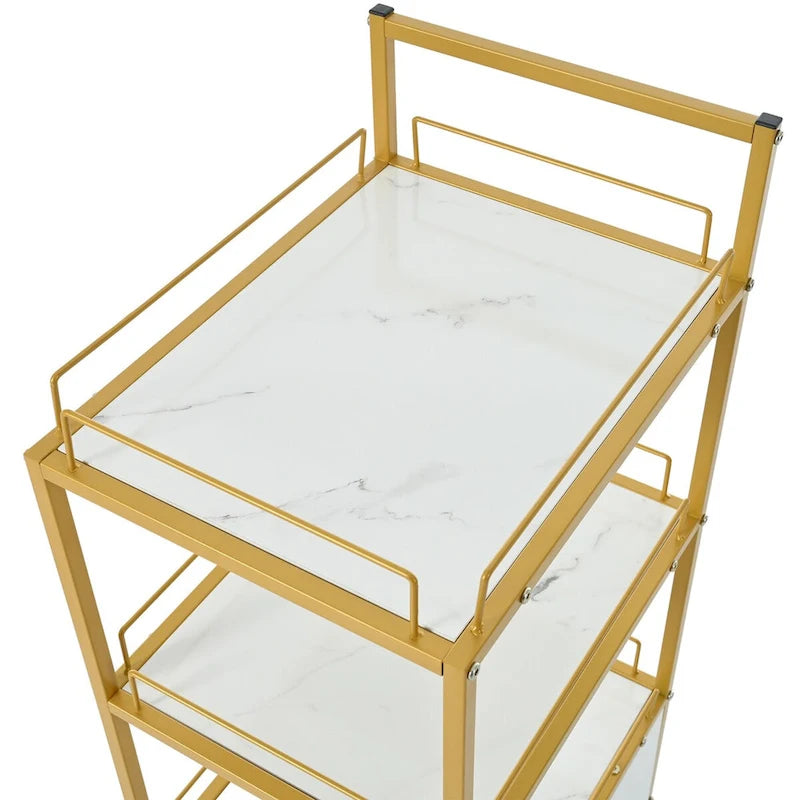 Chariot de rangement roulant à 3 niveaux avec tiroir, étagères aspect marbre, cadre en métal doré, blanc