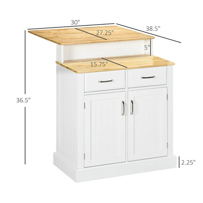Îlot de cuisine blanc à deux niveaux avec armoire de rangement et plateau en bois d'hévéa