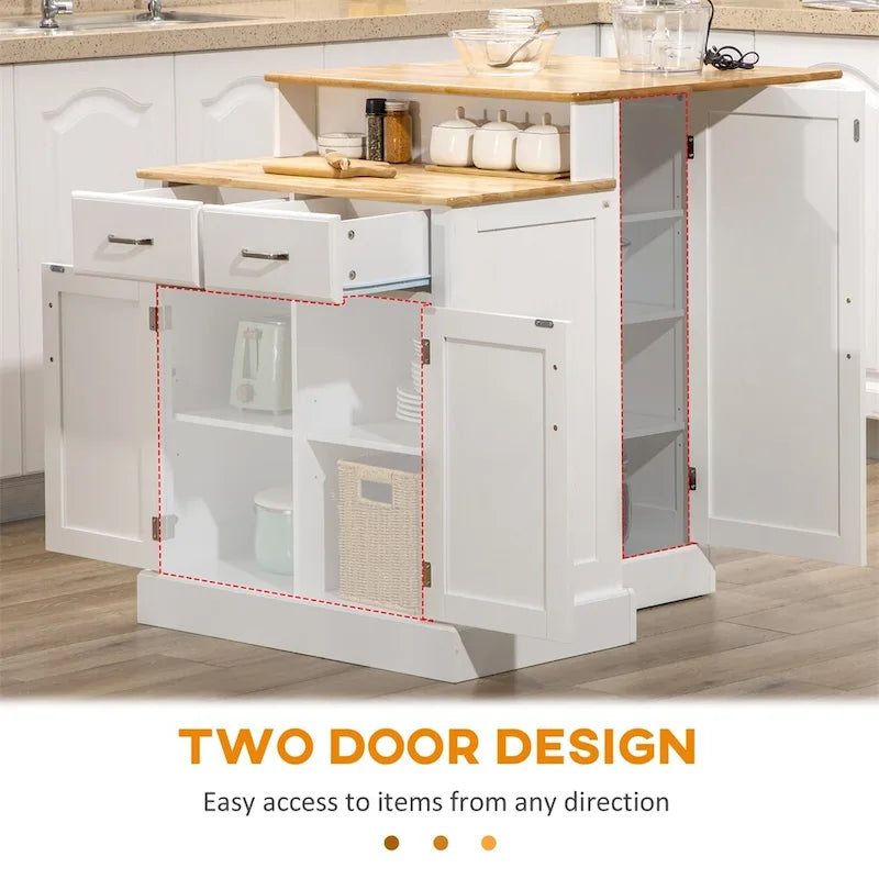 Îlot de cuisine blanc à deux niveaux avec armoire de rangement et plateau en bois d'hévéa