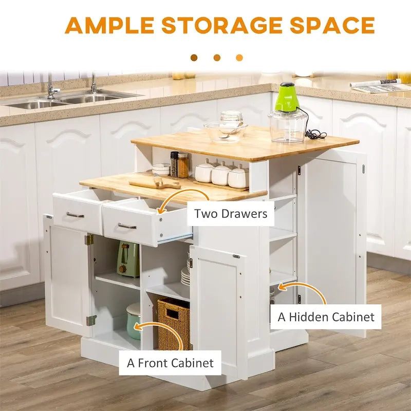 Îlot de cuisine blanc à deux niveaux avec armoire de rangement et plateau en bois d'hévéa