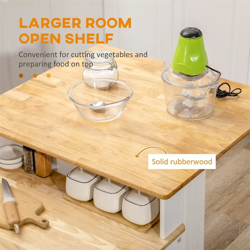 Îlot de cuisine blanc à deux niveaux avec armoire de rangement et plateau en bois d'hévéa