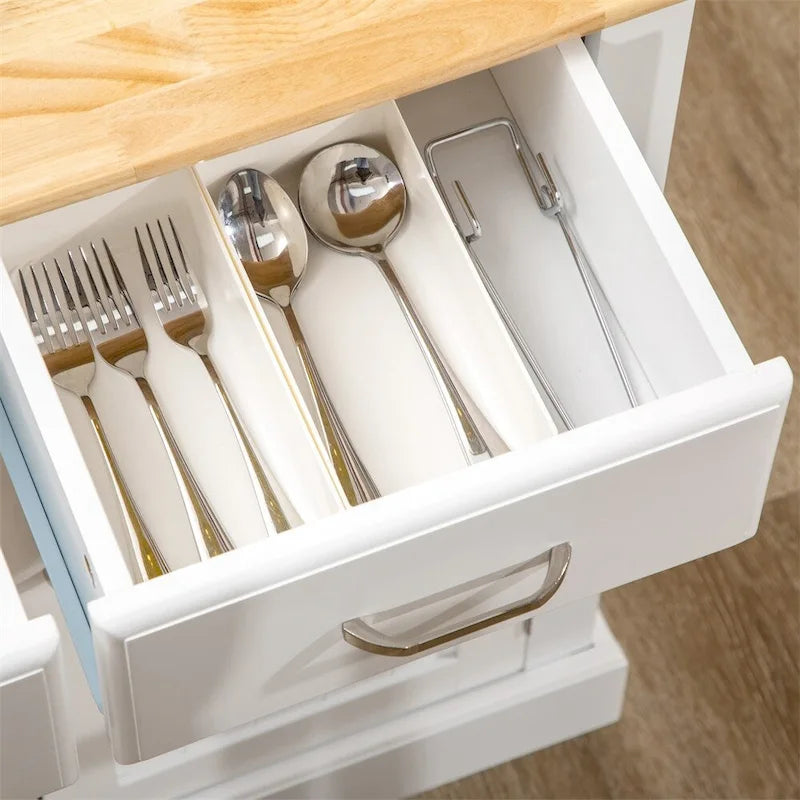 Îlot de cuisine blanc à deux niveaux avec armoire de rangement et plateau en bois d'hévéa