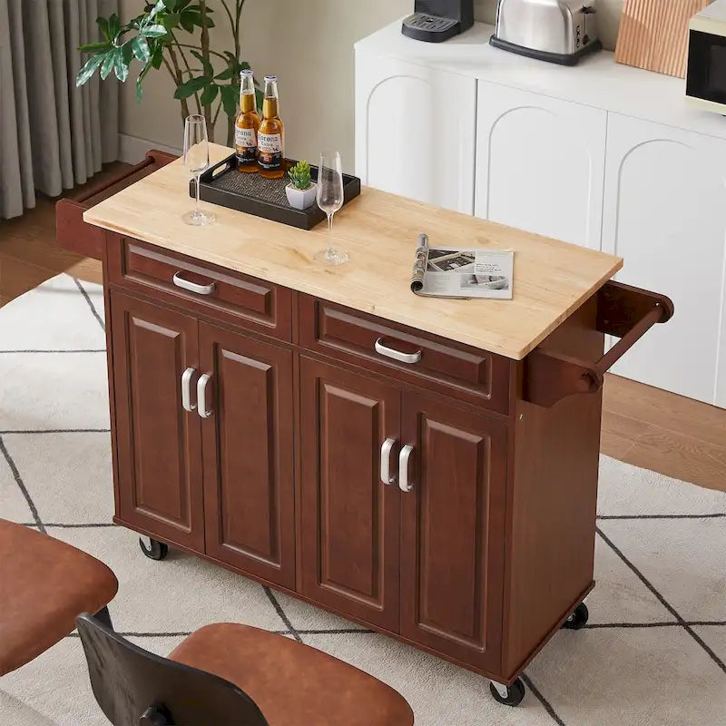Desserte de cuisine mobile marron avec tiroirs, placards et plateau en bois naturel