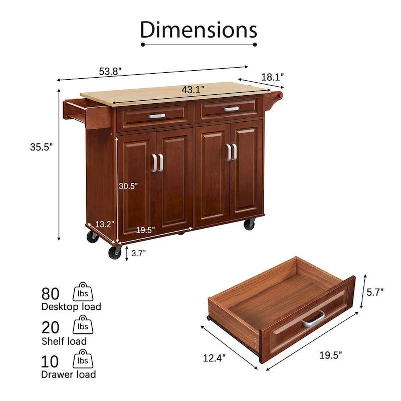 Desserte de cuisine mobile marron avec tiroirs, placards et plateau en bois naturel