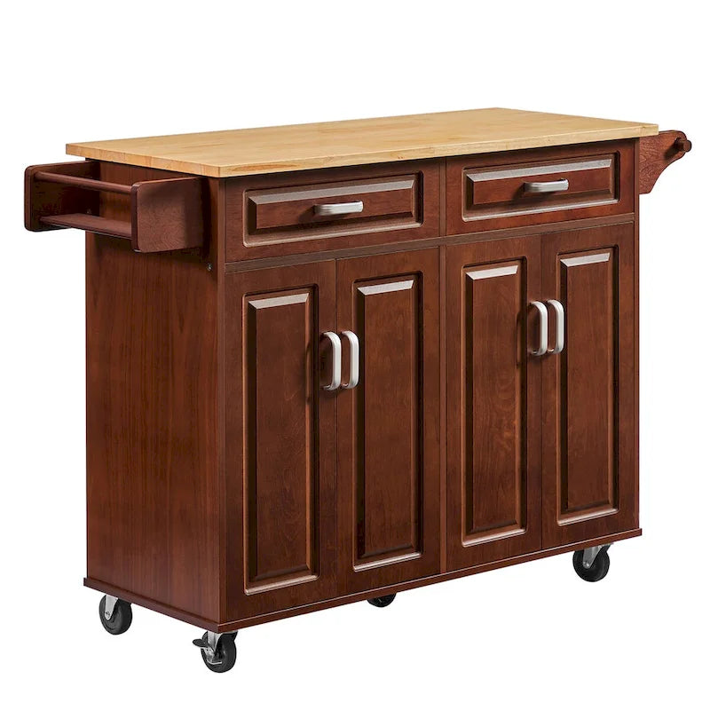 Desserte de cuisine mobile marron avec tiroirs, placards et plateau en bois naturel