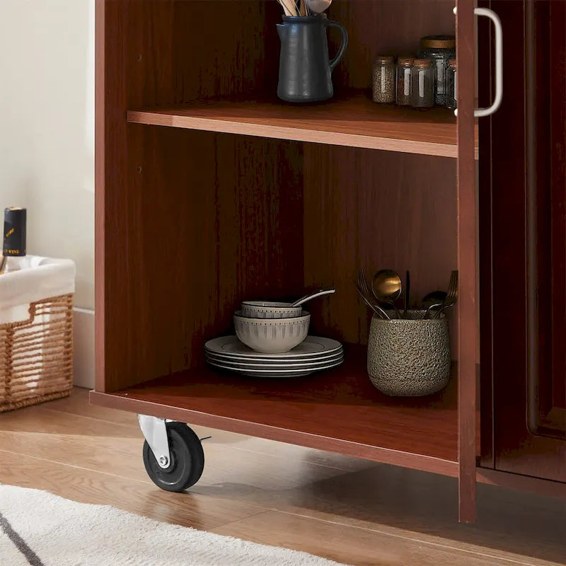 Desserte de cuisine mobile marron avec tiroirs, placards et plateau en bois naturel