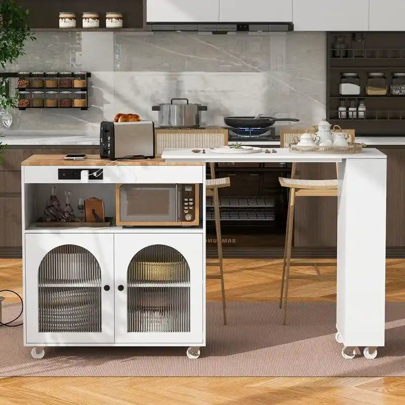 Desserte de cuisine roulante avec portes en verre cannelé, lumières LED et prises de courant