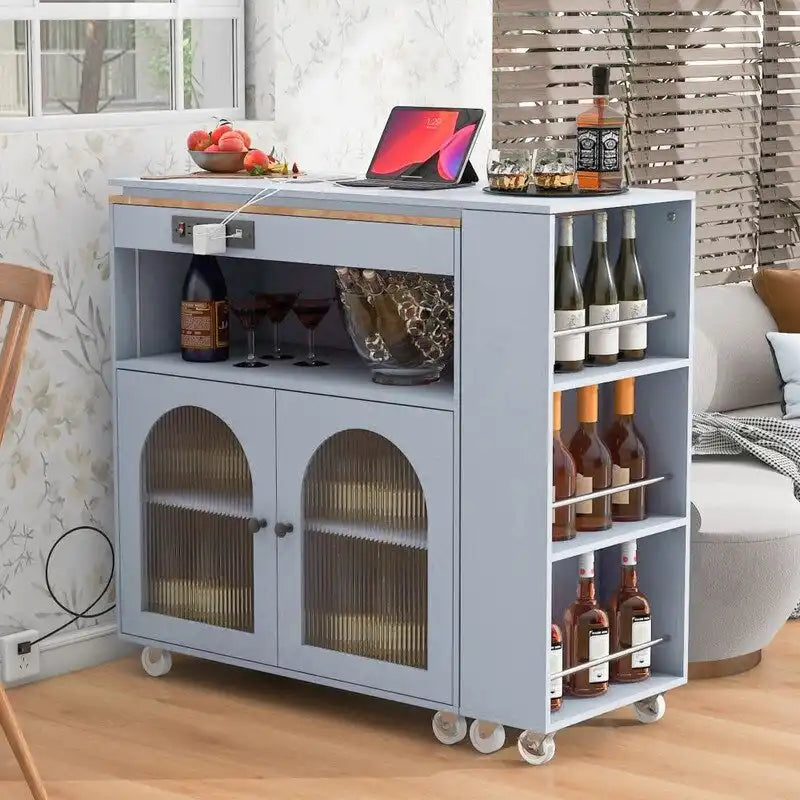 Desserte de cuisine roulante avec portes en verre cannelé, lumières LED et prises de courant