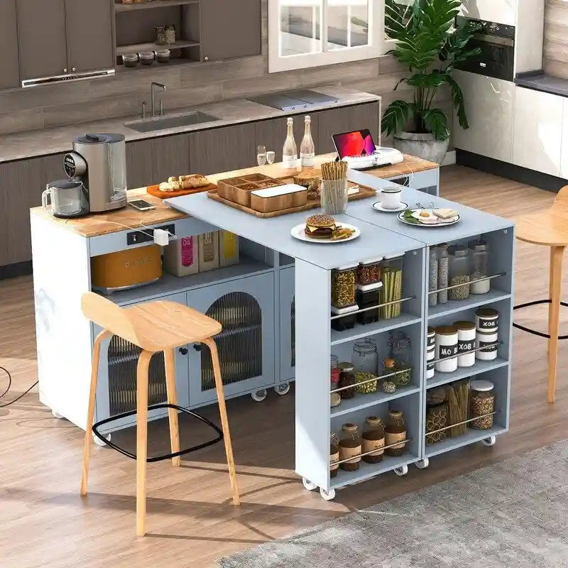 Desserte de cuisine roulante avec portes en verre cannelé, lumières LED et prises de courant
