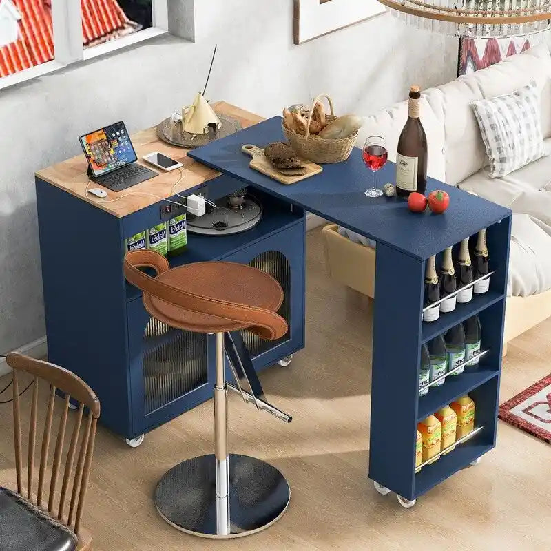 Desserte de cuisine roulante avec portes en verre cannelé, lumières LED et prises de courant