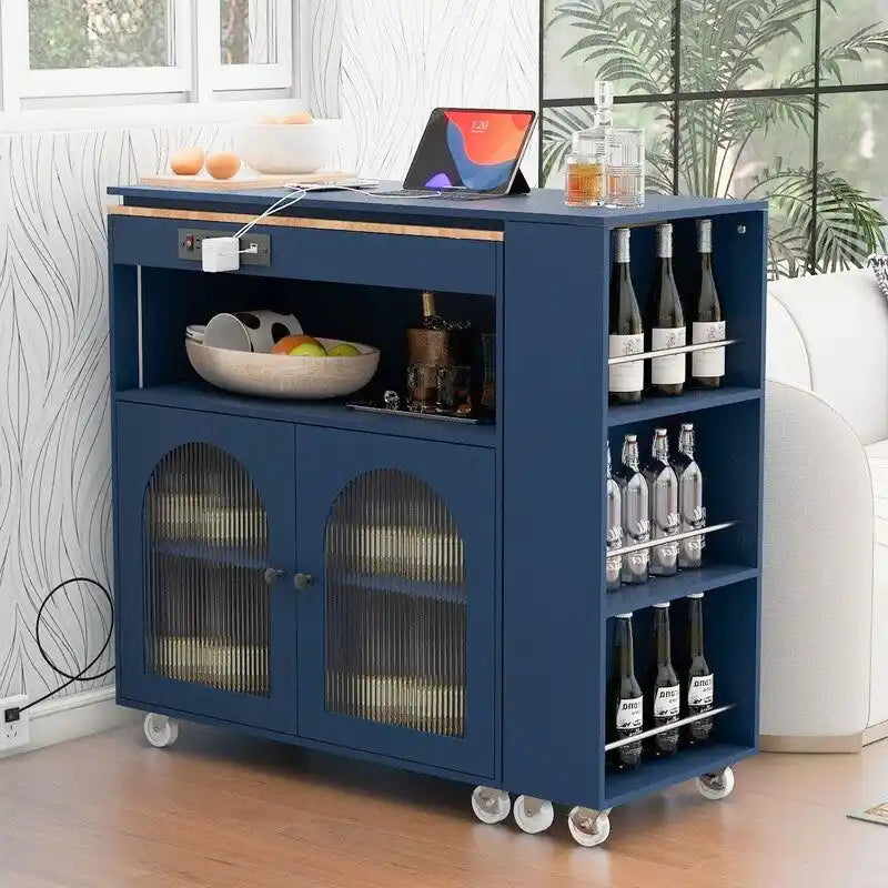 Desserte de cuisine roulante avec portes en verre cannelé, lumières LED et prises de courant