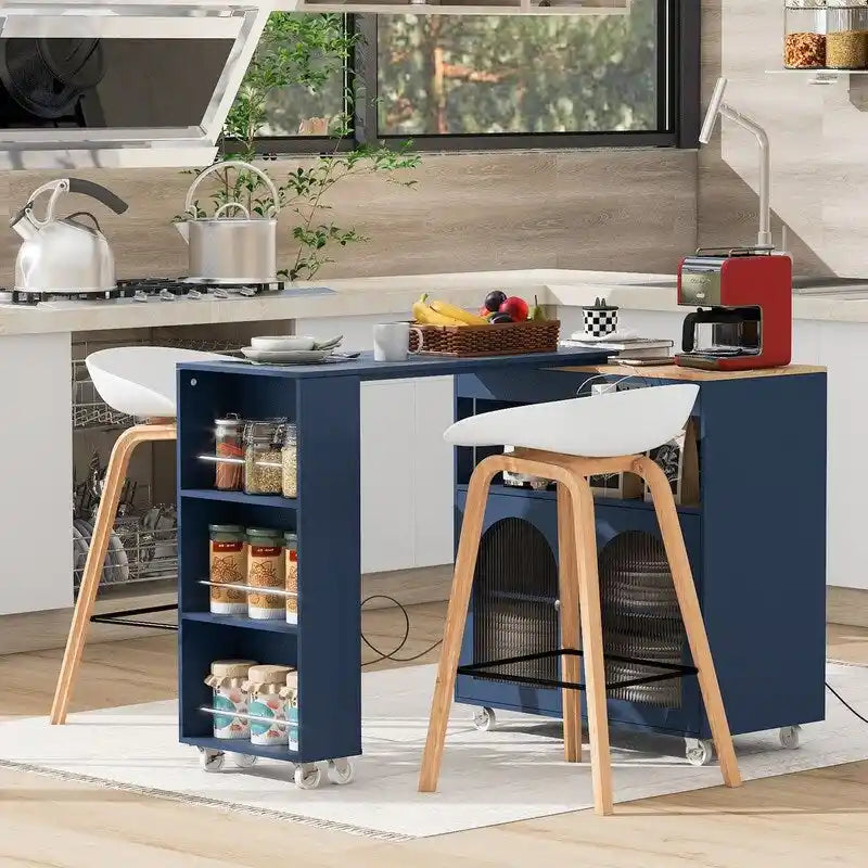 Desserte de cuisine roulante avec portes en verre cannelé, lumières LED et prises de courant