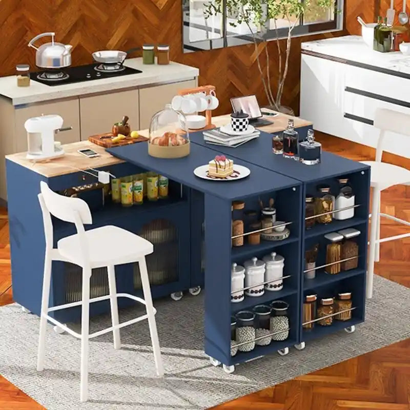 Desserte de cuisine roulante avec portes en verre cannelé, lumières LED et prises de courant