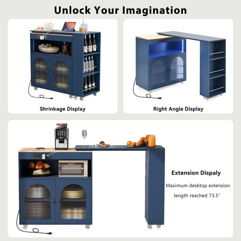 Desserte de cuisine roulante avec portes en verre cannelé, lumières LED et prises de courant