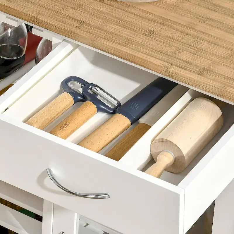 Desserte de cuisine roulante blanche avec casier à vin, porte-verres, tiroir et placard