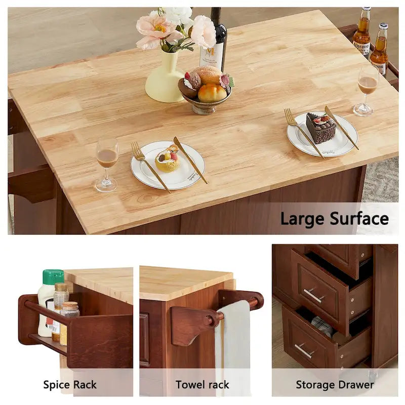 Desserte de cuisine roulante avec plateau rabattable, 3 tiroirs, placard de rangement, porte-épices, marron