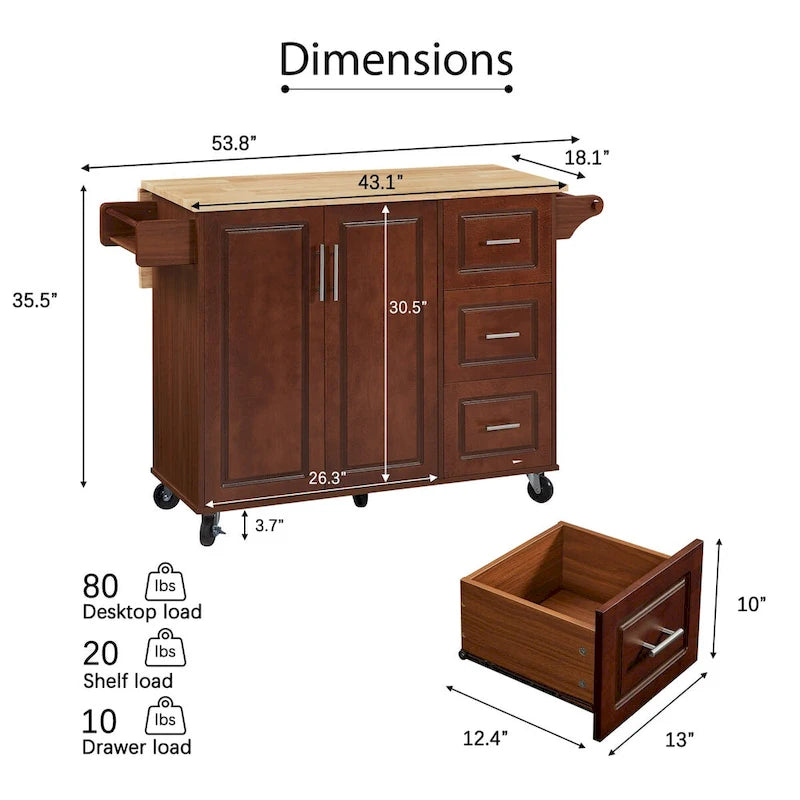 Desserte de cuisine roulante avec plateau rabattable, 3 tiroirs, placard de rangement, porte-épices, marron