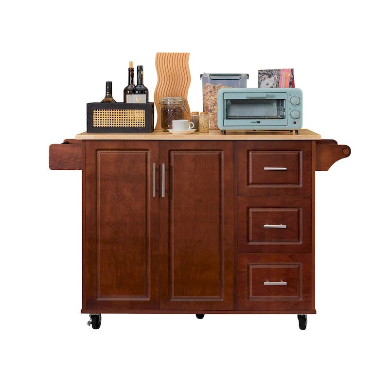 Desserte de cuisine roulante avec plateau rabattable, 3 tiroirs, placard de rangement, porte-épices, marron