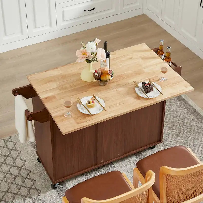 Desserte de cuisine roulante avec plateau rabattable, 3 tiroirs, placard de rangement, porte-épices, marron