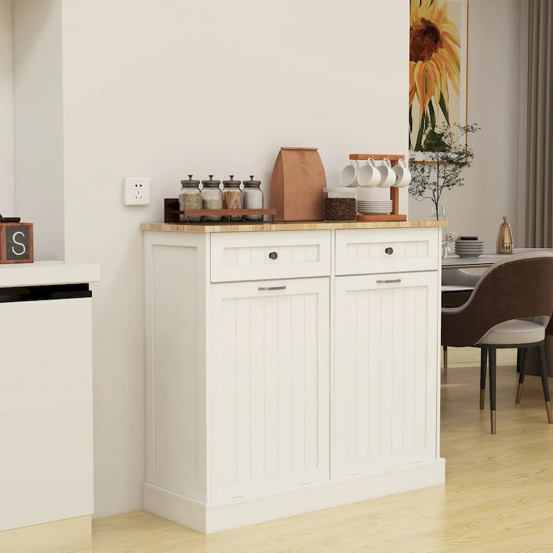 Meuble de tri sélectif blanc avec 2 tiroirs et poubelles intégrées