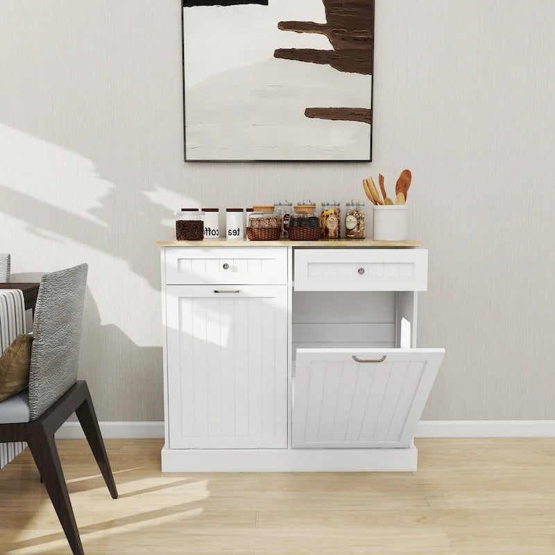 Meuble de tri sélectif blanc avec 2 tiroirs et poubelles intégrées