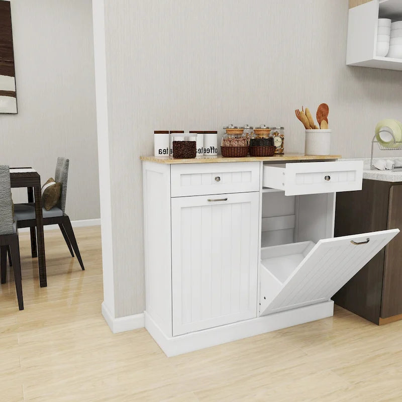 Meuble de tri sélectif blanc avec 2 tiroirs et poubelles intégrées