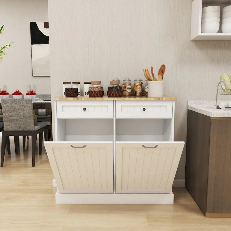 Meuble de tri sélectif blanc avec 2 tiroirs et poubelles intégrées