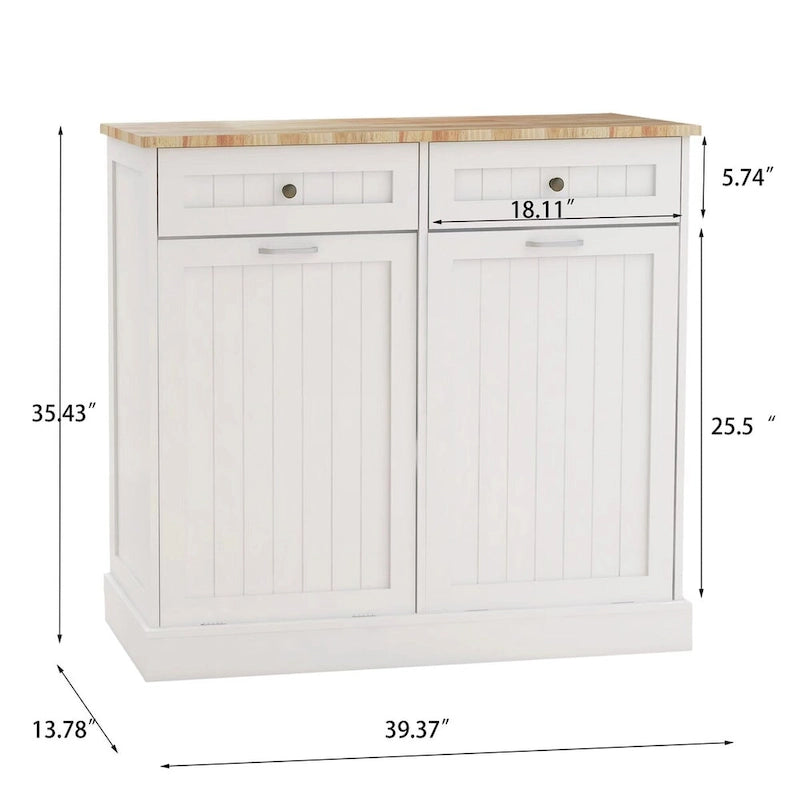 Meuble de tri sélectif blanc avec 2 tiroirs et poubelles intégrées