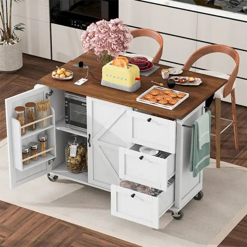 Îlot de cuisine roulant avec prise de courant et étagère de rangement interne sur roulettes