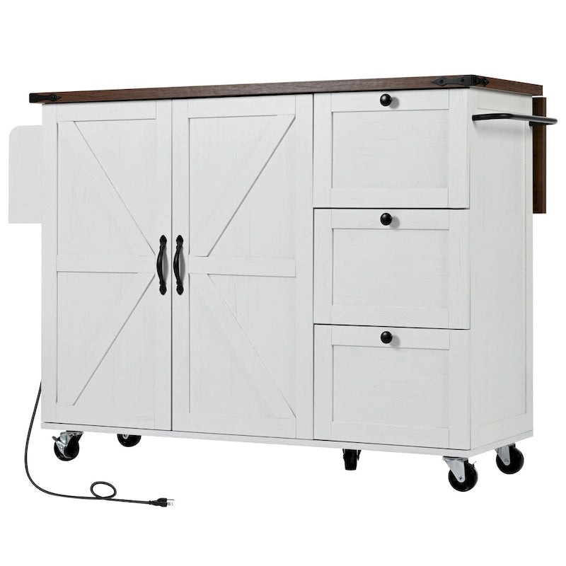 Desserte d'îlot de cuisine style rustique avec portes de grange en X, prises électriques et roulettes