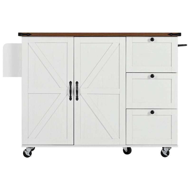 Desserte d'îlot de cuisine style rustique avec portes de grange en X, prises électriques et roulettes