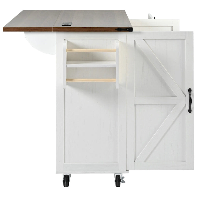 Desserte d'îlot de cuisine style rustique avec portes de grange en X, prises électriques et roulettes
