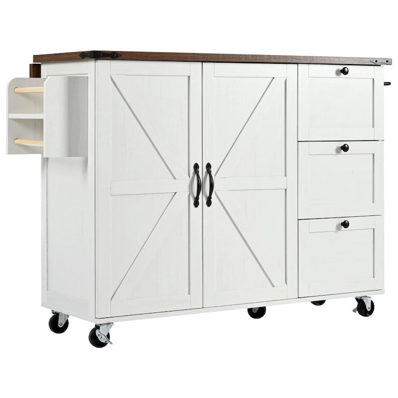 Desserte d'îlot de cuisine style rustique avec portes de grange en X, prises électriques et roulettes