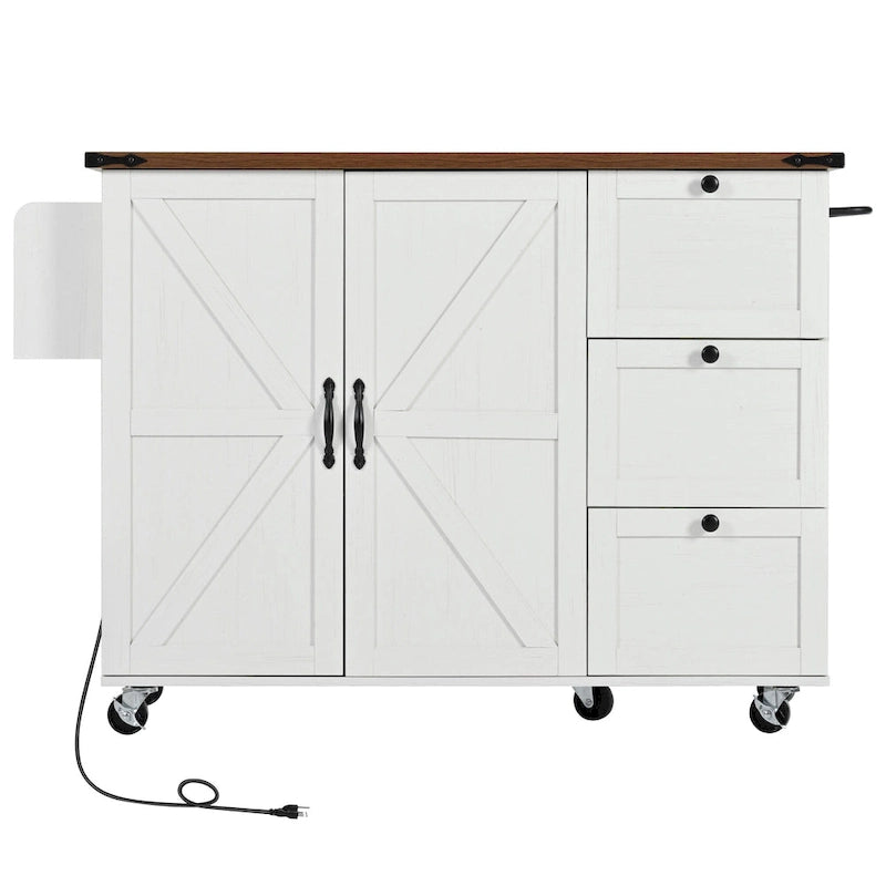 Desserte d'îlot de cuisine style rustique avec portes de grange en X, prises électriques et roulettes