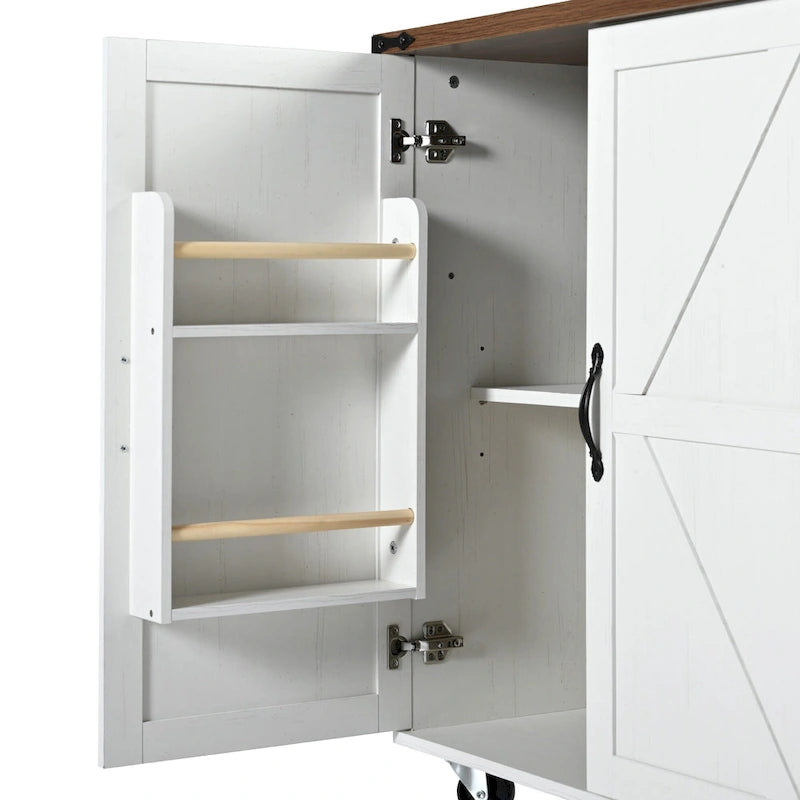 Desserte d'îlot de cuisine style rustique avec portes de grange en X, prises électriques et roulettes