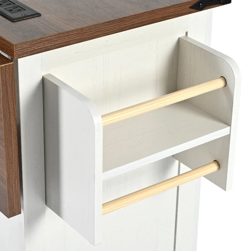 Desserte d'îlot de cuisine style rustique avec portes de grange en X, prises électriques et roulettes