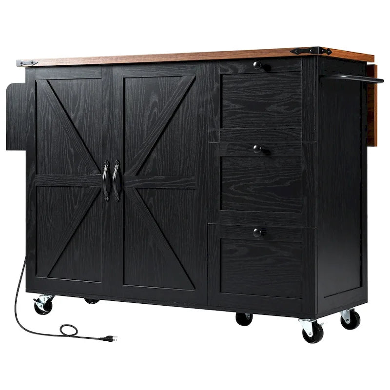 Desserte d'îlot de cuisine style rustique avec portes de grange en X, prises électriques et roulettes