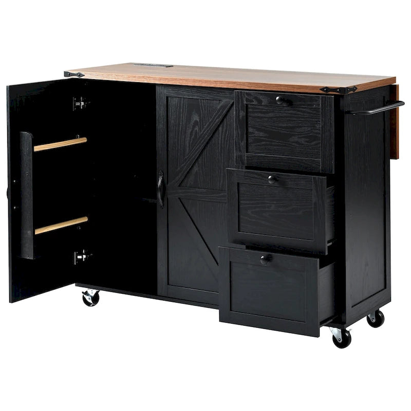 Desserte d'îlot de cuisine style rustique avec portes de grange en X, prises électriques et roulettes