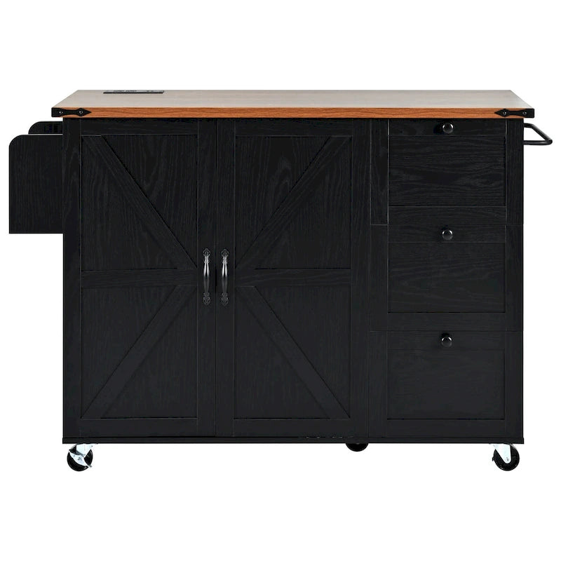Desserte d'îlot de cuisine style rustique avec portes de grange en X, prises électriques et roulettes